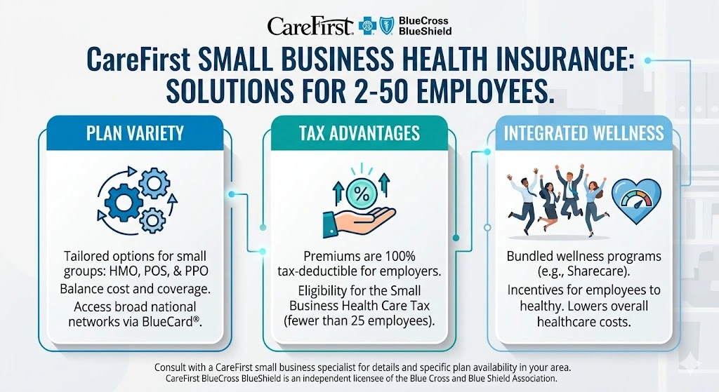 CareFirst small business health insurance is a group health coverage solution designed for employers with typically 2–50 employees.
